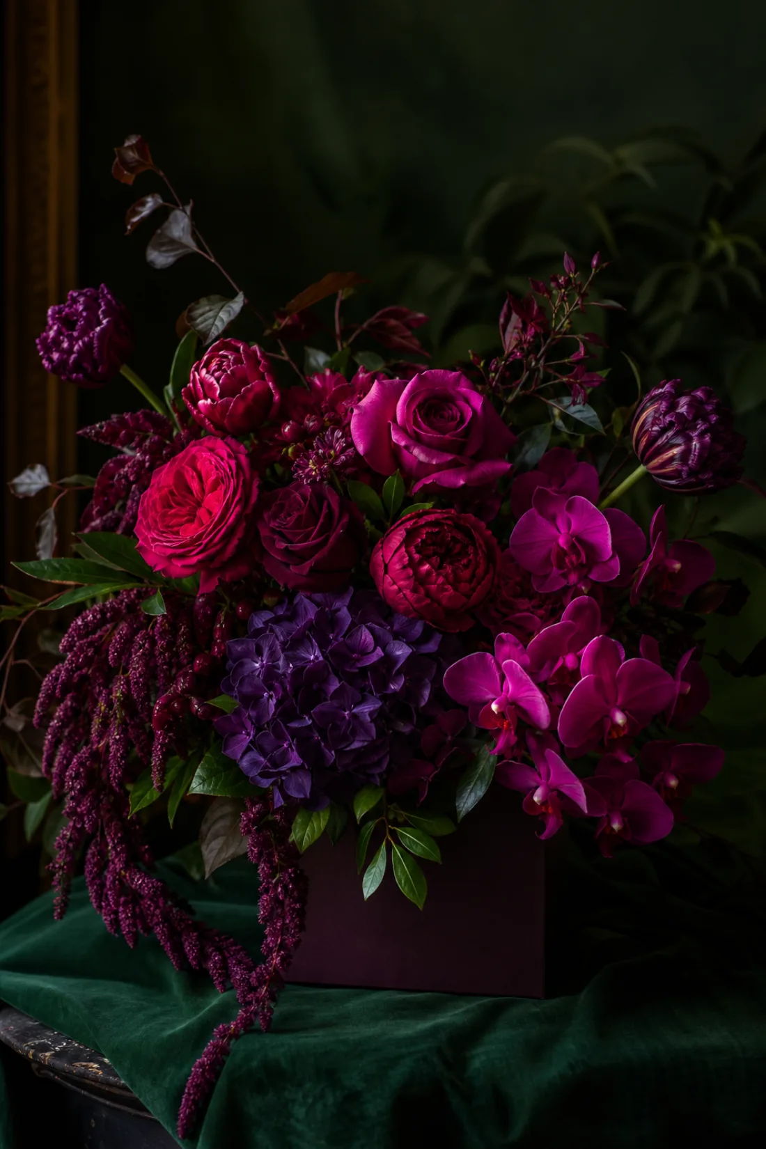 A romantic deep-purple and ruby arrangement in low light