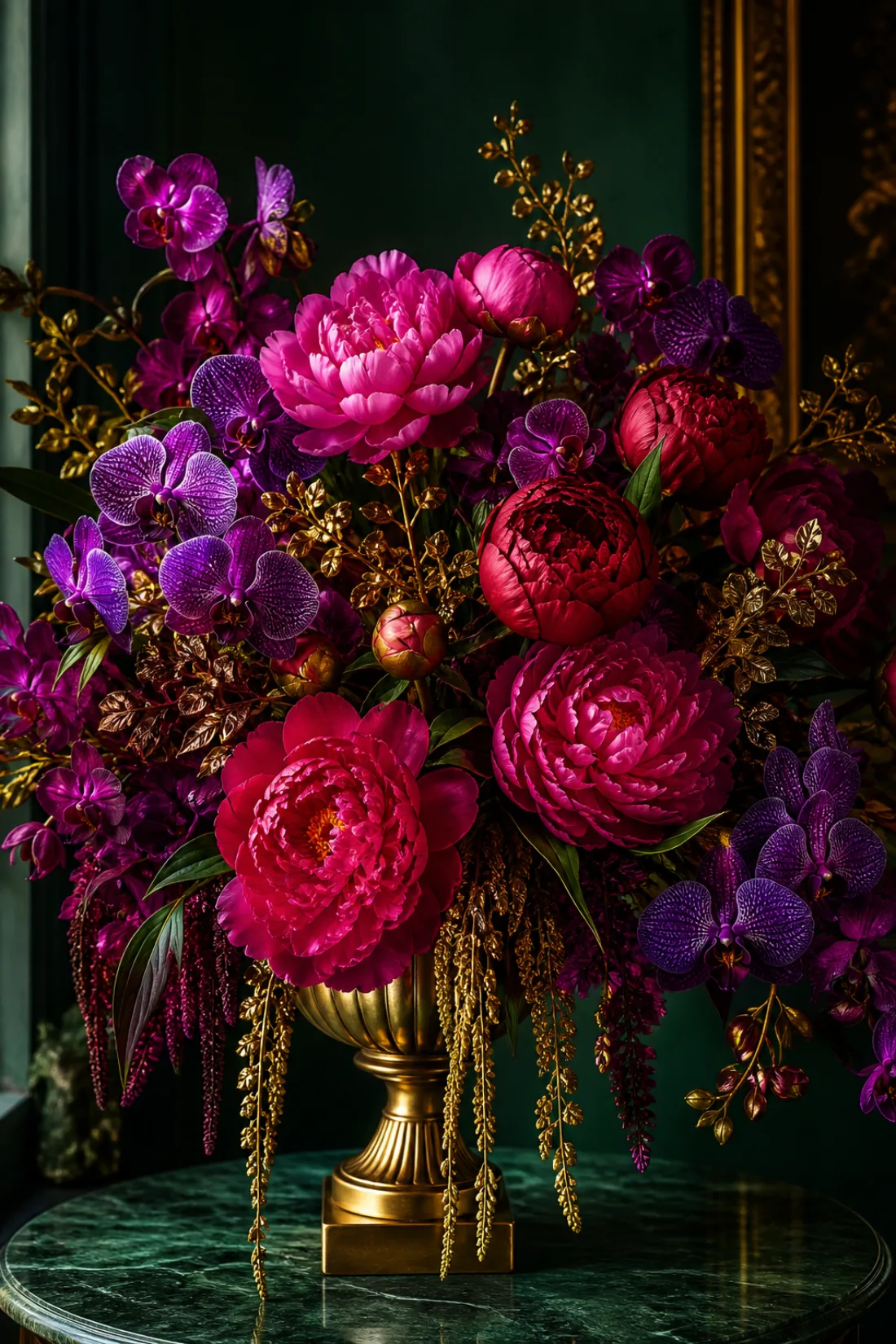 A regal peony and orchid centrepiece with antique gold