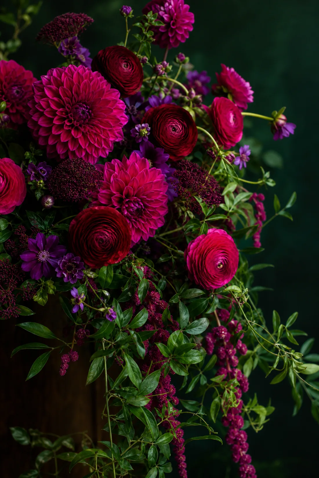 Electric fuchsia dahlias and ranunculus cascading over trailing greenery