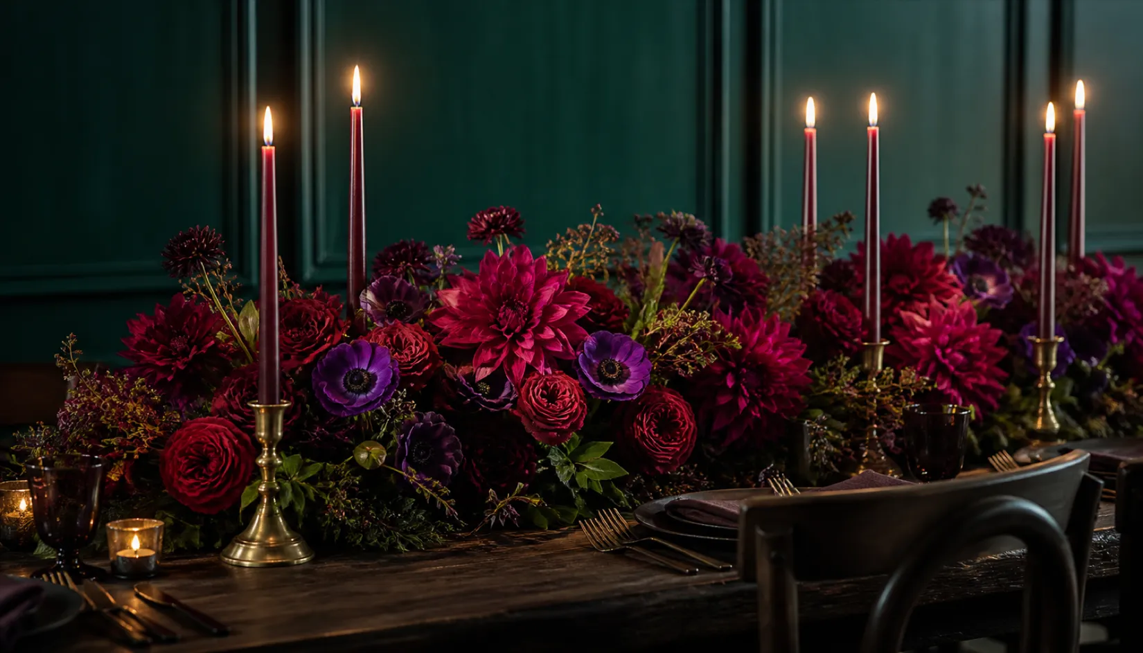 Candlelit wedding reception table with a low centrepiece runner of jewel-toned flowers and brass taper candles